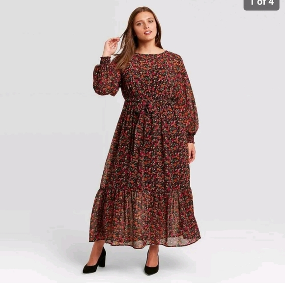 Women's Plus Size Floral Print LongSleeve Dress -Ava & Viv / size: X (14w) - Picture 1 of 8